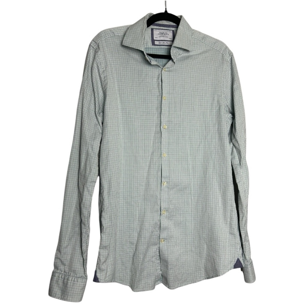 Charles Tyrwhitt Men's Shirt 16/38 Extra Slim Fit Blue Green Polka Dot Cotton